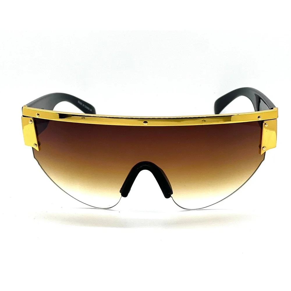 Sunglasses Brown Gradient Lens Fashion Gold Rimles Shades‎ Wrap Around Oversized